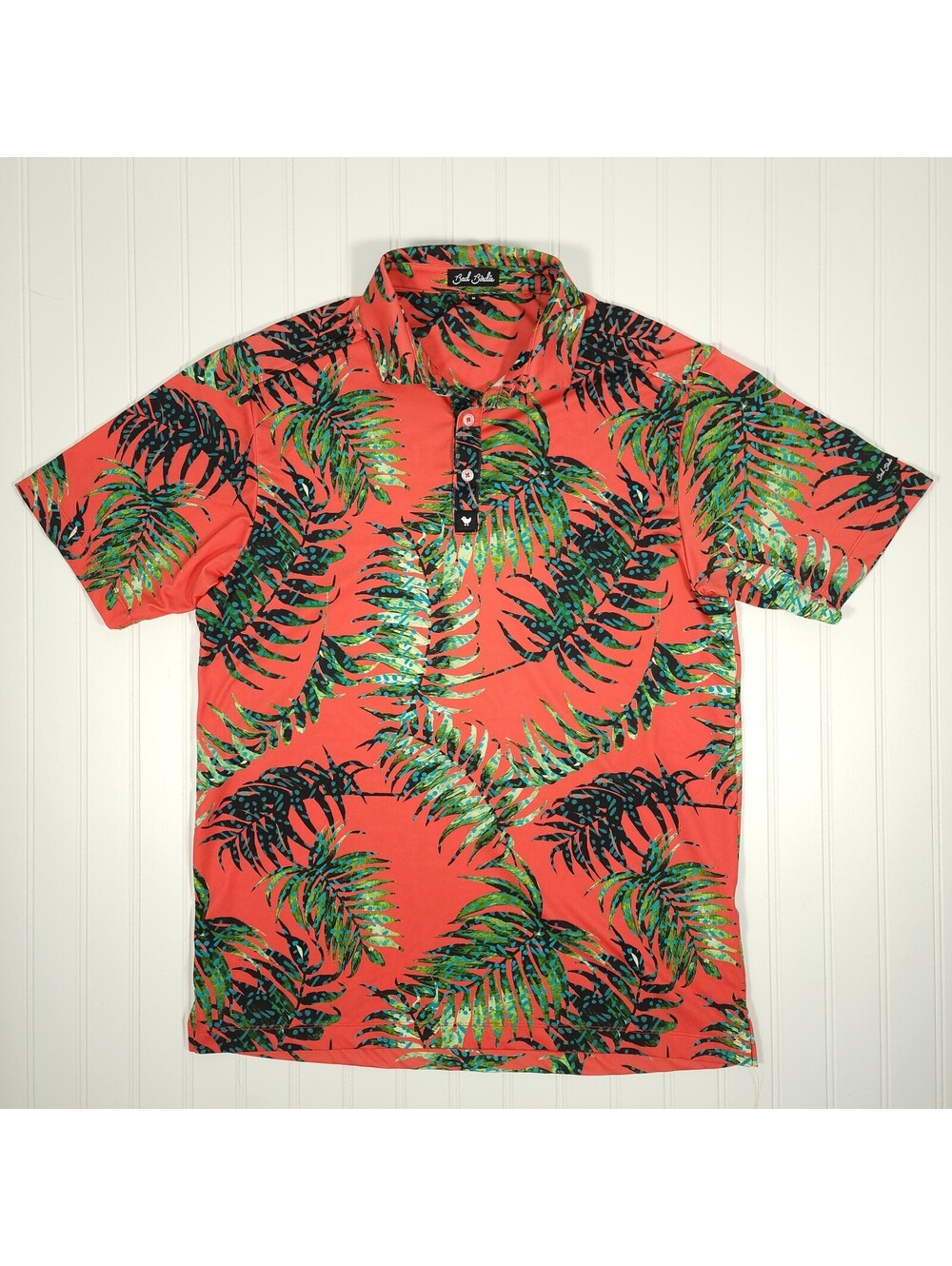 BAD BIRDIE Golf Polo Shirt Men's Medium, Bright Orange Palm Leaf All Over Print